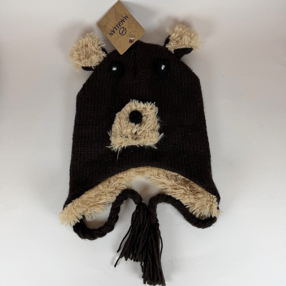 Magellan Outdoors Boys Bear Peruvian Hat Brown Knit Faux Fur Beanie